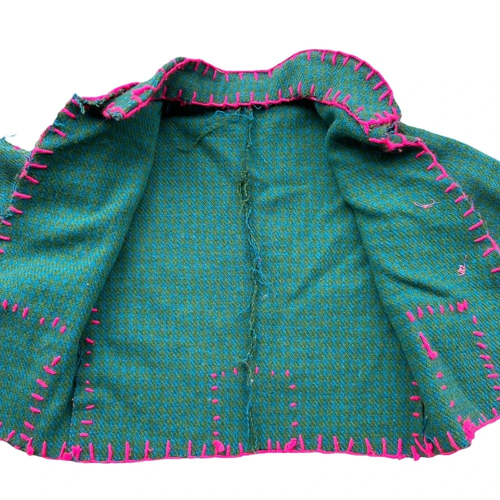 Harris Tweed Trench Coat Size 5 Green Pink Thrift Flip Virgin Wool Front Button